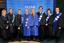 Louise Poissant, doyenne de la Faculté des arts; Christine St-Pierre, ministre de la Culture, des Communications et de la Condition féminine; Yannick Nézet-Séguin, récipiendaire d’un doctorat honoris causa; Claude Corbo, recteur; Isabelle Hudon, présidente du Conseil d’administration; Robert Proulx, recteur; Monique Brodeur, doyenne de la FSÉ; Normand Petitclerc, secrétaire général de l’UQAM, 2011